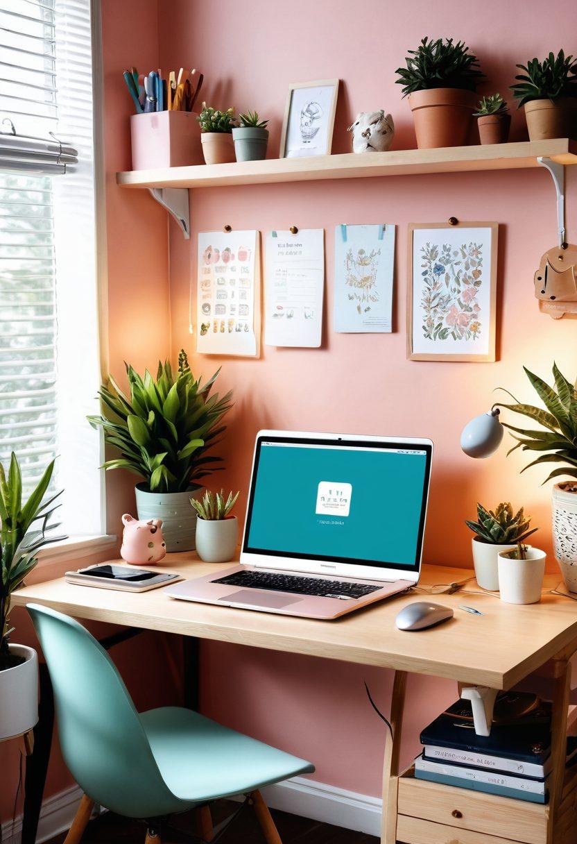 A cozy digital space filled with uplifting elements like soft pastel colors, whimsical illustrations of happy animals, and soothing plants. Incorporate a laptop on a cheerful desk, surrounded by handmade crafts and motivational quotes on the walls. Show a warm glow around the workspace symbolizing positivity and comfort for unwell users. The scene should evoke feelings of joy and tranquility. vibrant colors. modern illustration.