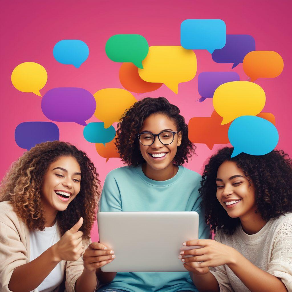 A colorful and inviting online community setting, depicting diverse individuals collaborating warmly on their devices. A mix of chat bubbles and supportive messages floating around them, symbolizing encouragement and connection. Incorporate elements like hearts, thumbs up, and digital devices. Bright and cheerful ambiance to evoke positivity. vibrant colors. super-realistic.
