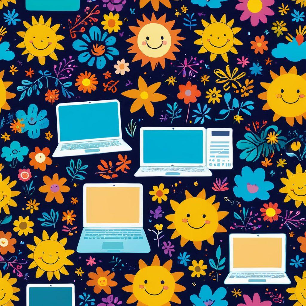 A warm, inviting digital atmosphere with a bright, cheerful color palette featuring smiling cartoon characters and uplifting symbols like suns and flowers. Include a laptop displaying a vibrant online portal filled with positive content, surrounded by light and playful elements. The scene should evoke feelings of happiness and hope for those who are unwell. Illustrative style with a touch of whimsy. vibrant colors. cheerful illustration.
